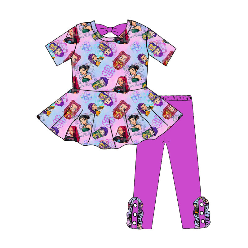 (Custom Design Preorder MOQ 5 Each Item) Cartoon KPOP Character Purple Print Girls Matching Clothes