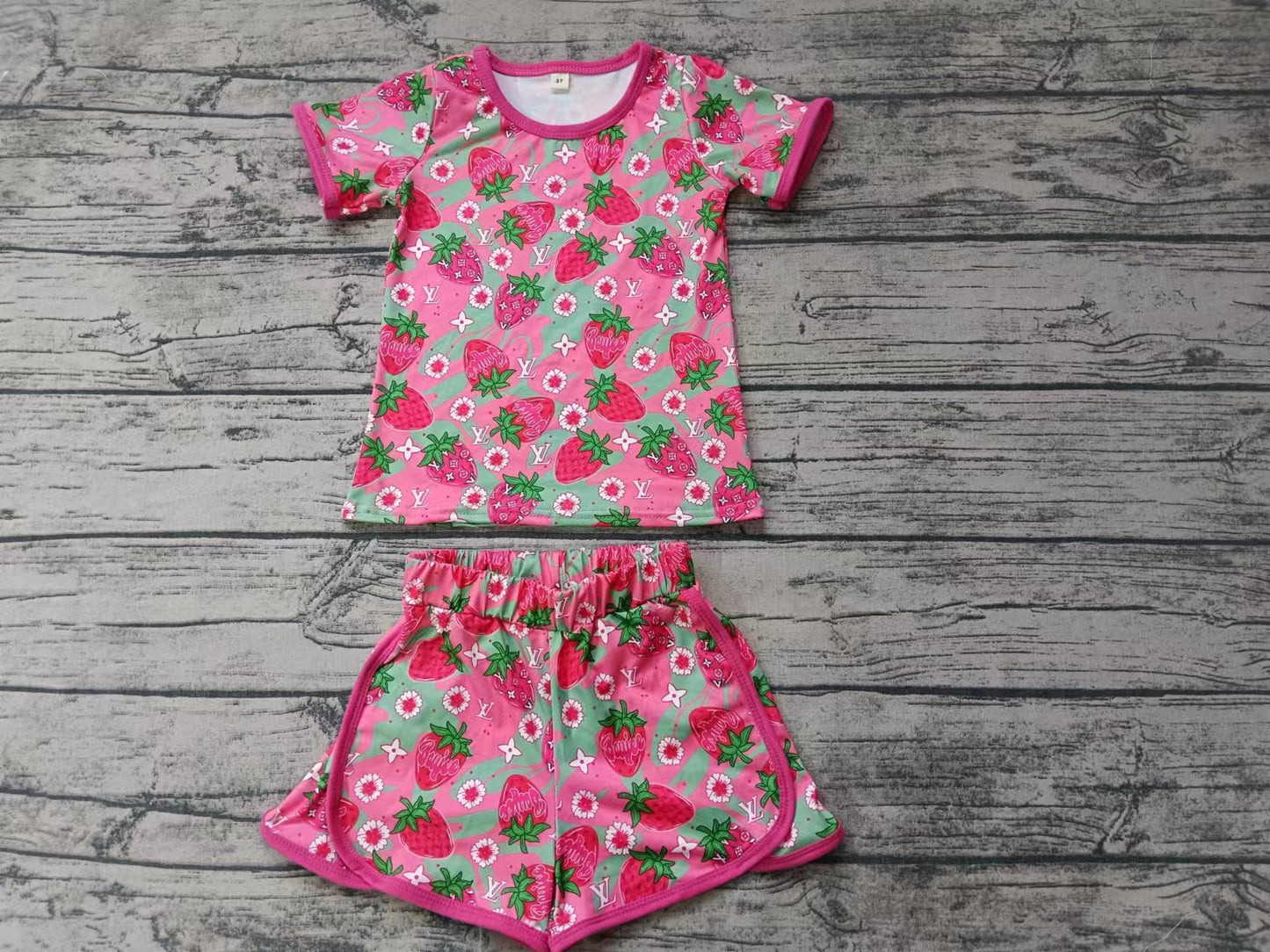 (Custom Design Preorder MOQ 5)  Strawberry Flowers Print Girls Summer Clothes Set
