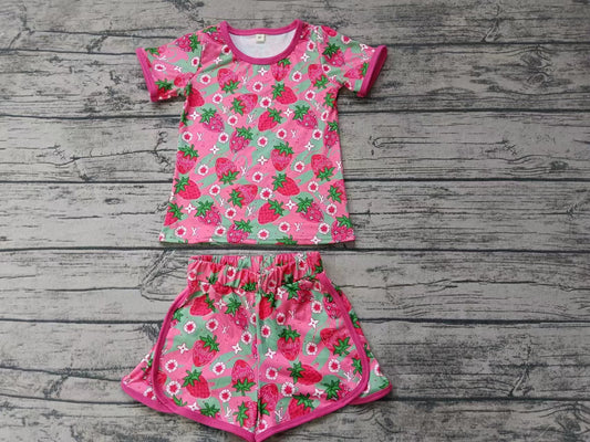 (Custom Design Preorder MOQ 5)  Strawberry Flowers Print Girls Summer Clothes Set