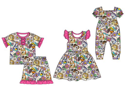 2.10(Custom Design Preorder MOQ 5 Each Design) Cartoon Dog Flowers Print Girls Summer Matching Clothes Sisters Wear