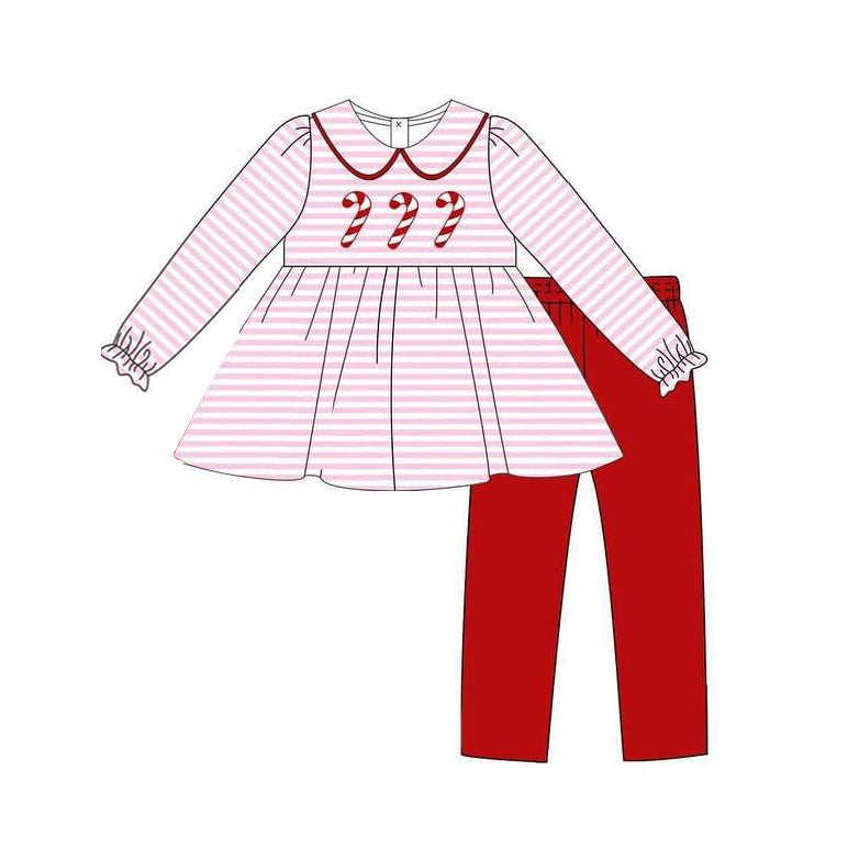 (Custom Design Preorder MOQ 5) Candy Cane Pink Tunic Top Red Pants Girls Christmas Clothes Set