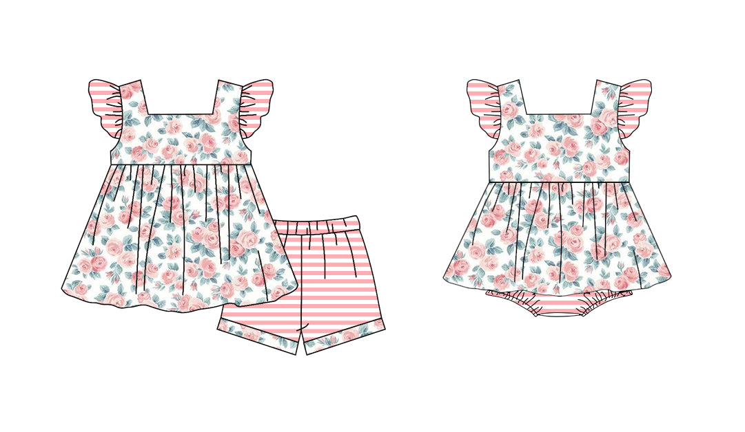 (Custom Design Preorder MOQ 5) Pink Flowers Print Baby Girls Summer Romper