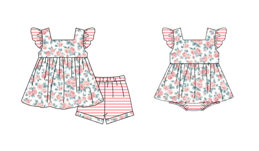 (Custom Design Preorder MOQ 5) Pink Flowers Print Baby Girls Summer Romper