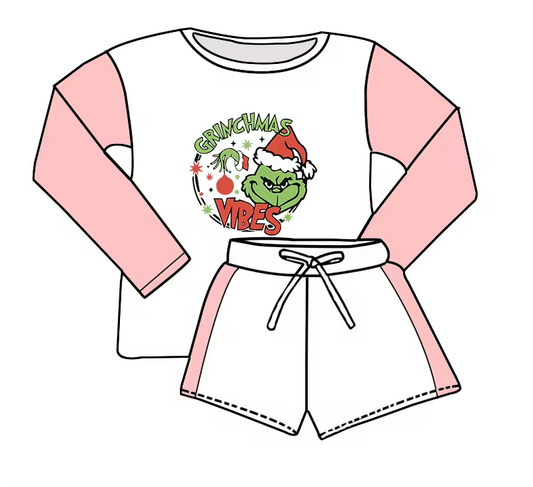 (Custom Design Preorder MOQ 5)  Green Frog Long Sleeve Top Shorts Girls Christmas Clothes Set