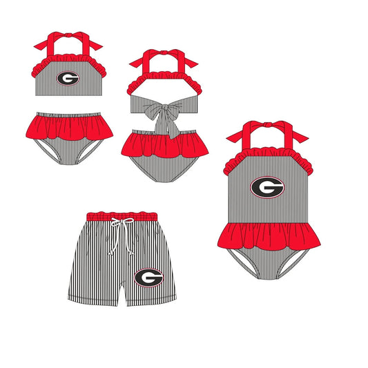 (Custom Design Preorder MOQ 5) Football Team's G Print Girls Red Ruffles Summer 1 Piece Swimsuits