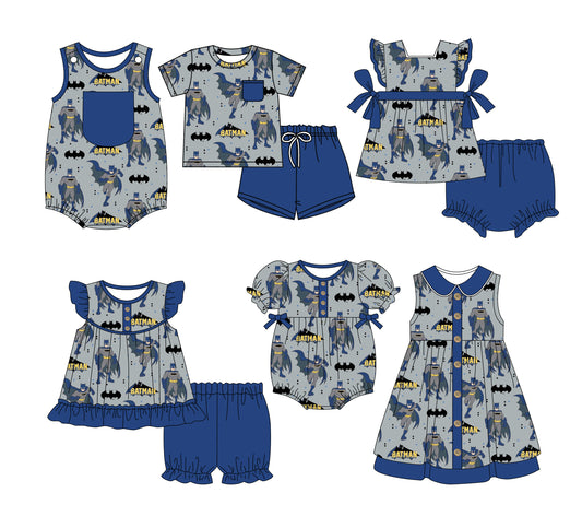 3.3(Custom Design Preorder MOQ 5 Each Design) Cartoon Hero Bat Man Blue Print Kids Summer Matching Clothes Sibling Wear