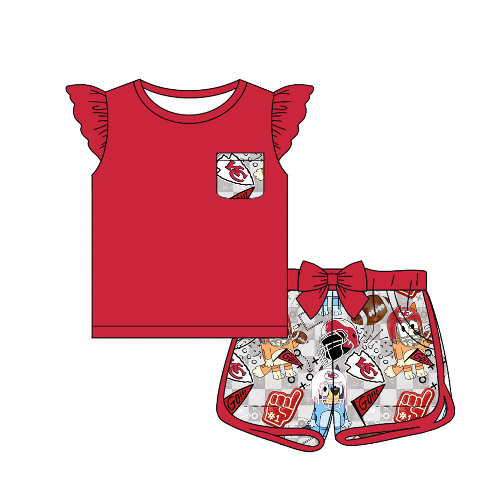 12.30(Custom Design Preorder MOQ 5) Red Pocket Top Team's KC Cartoon Dog Shorts Girls Summer Clothes Set