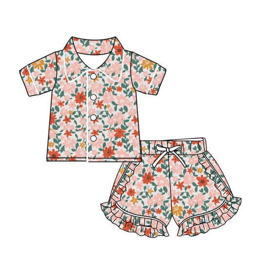 (Custom Design Preorder MOQ 5) Pink Flowers Print Girls Summer Pajamas Clothes Set