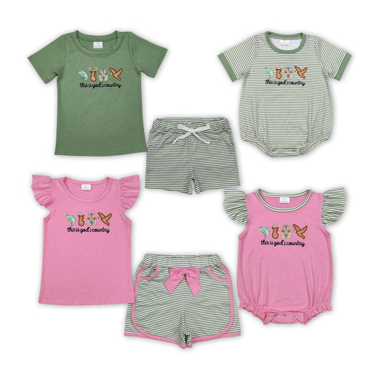 Fish Deer Duck Embroidery Stripes Print Sibling Summer Matching Clothes