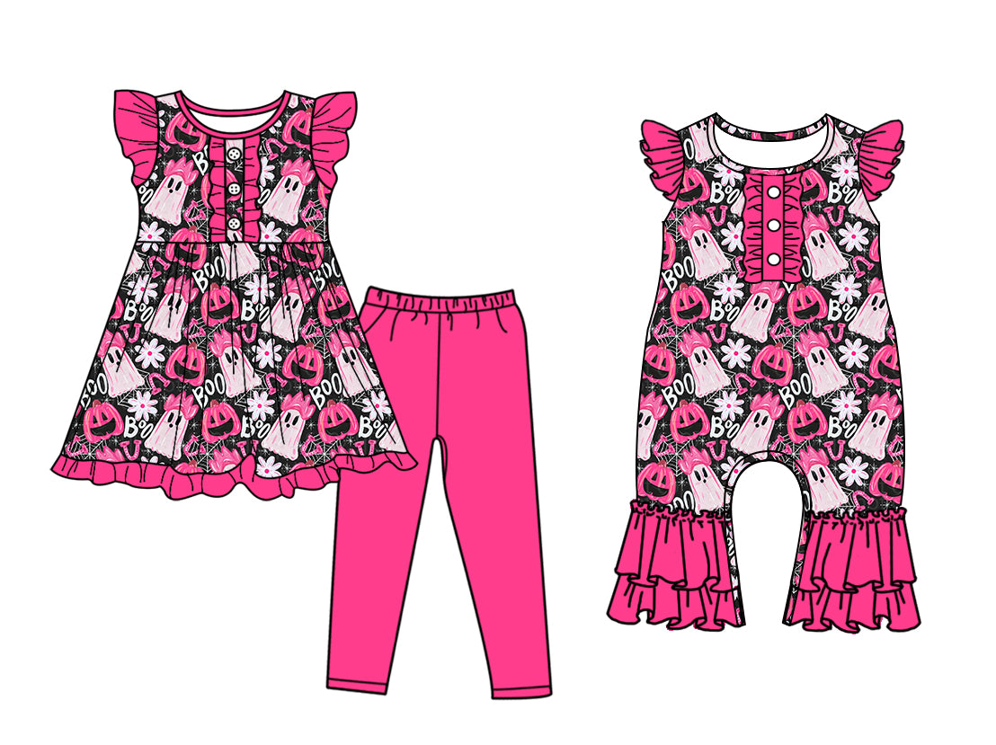 5.5(Custom Design Preorder MOQ 5 Each Design) Pumpkin BOO Ghost Print Girls Halloween Matching Clothes Sisters Wear