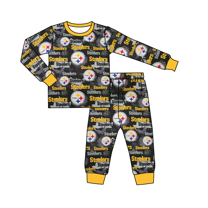 (Custom Design Preorder MOQ 5) Team's STEELERS Print Kids Fall Pajamas Clothes Set