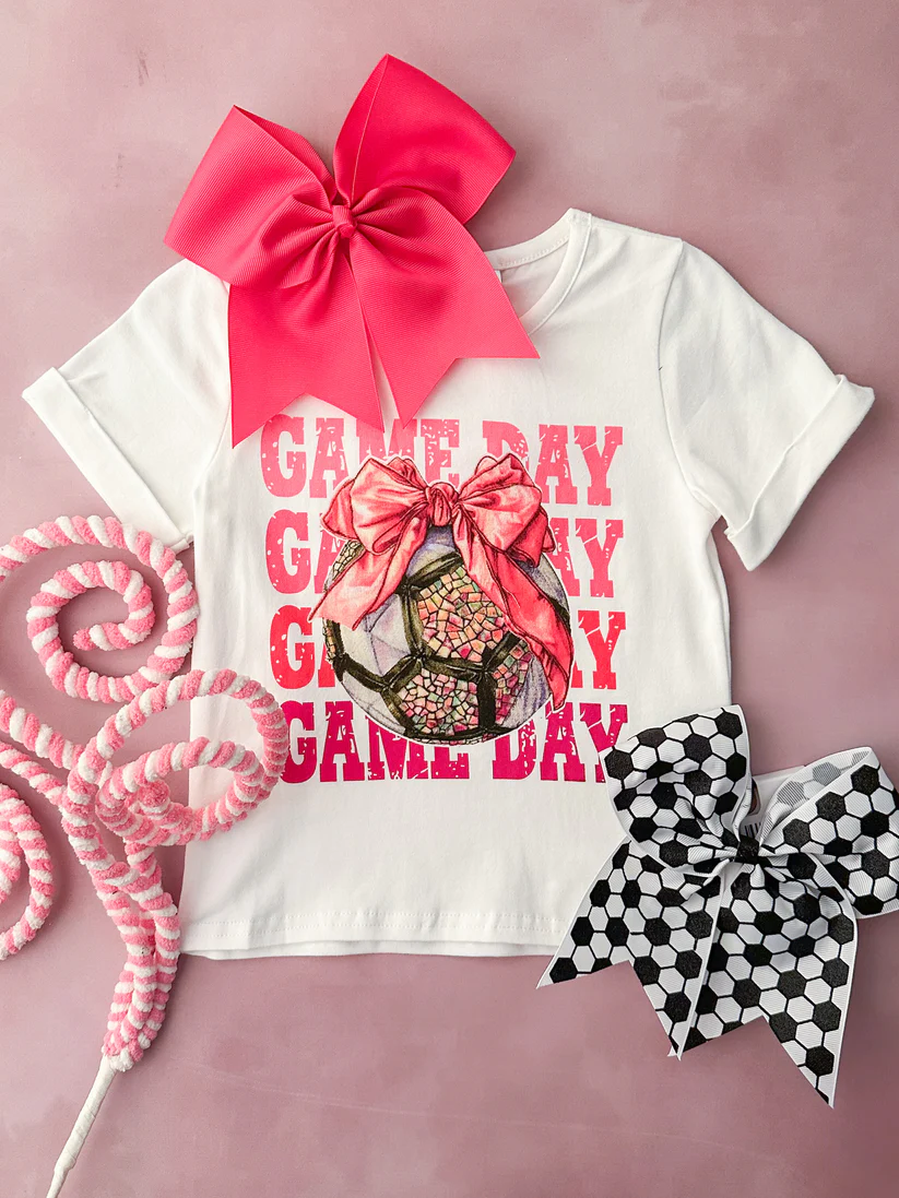 (Custom Design Preorder MOQ 5 ) Soccer Bows GAME DAY Print Girls Summer Tee Shirts Top