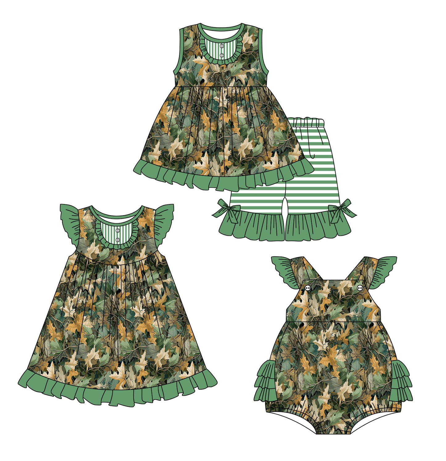 1.4(Custom Design Preorder MOQ 5 Each Design) Branch Green Print Girls Summer Matching Clothes Sisters Wear