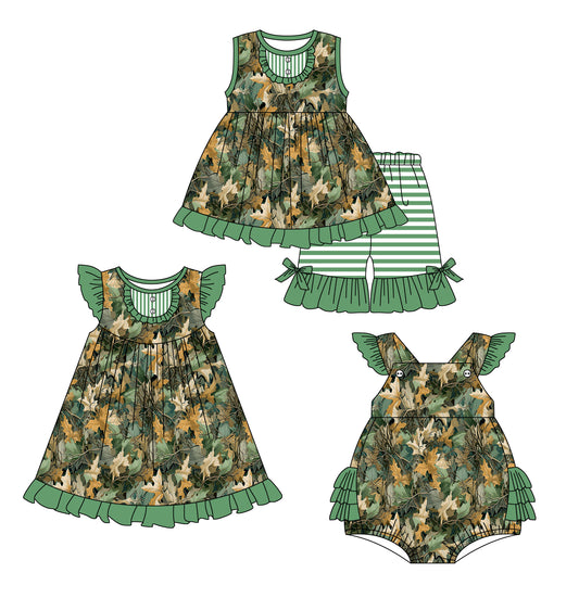 1.4(Custom Design Preorder MOQ 5 Each Design) Branch Green Print Girls Summer Matching Clothes Sisters Wear