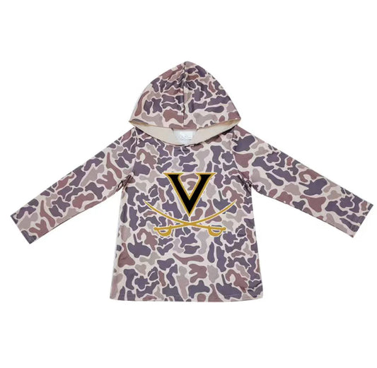 (Custom Design Preorder MOQ 5) Team Vanderbilt Brown Camo Print Kids Long Sleeve Hoodie Top