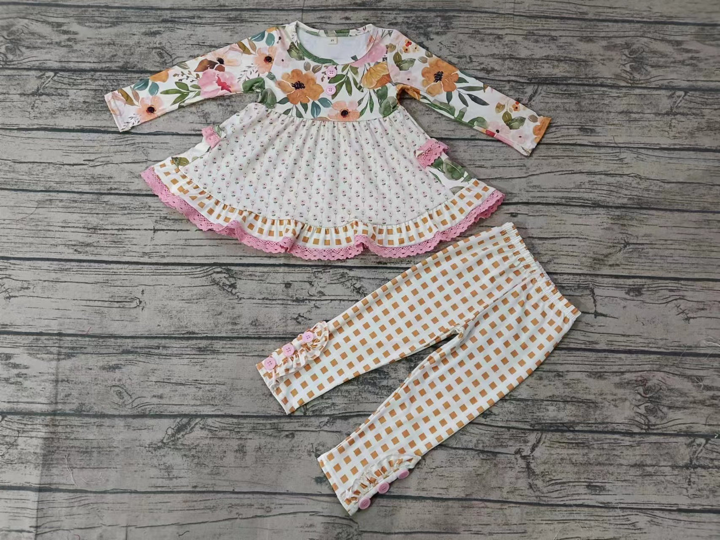 (Custom Design Preorder MOQ 5) Flowers Pockets Long Sleeve Tunic Top Pink Legging Pants Girls Clothes Set