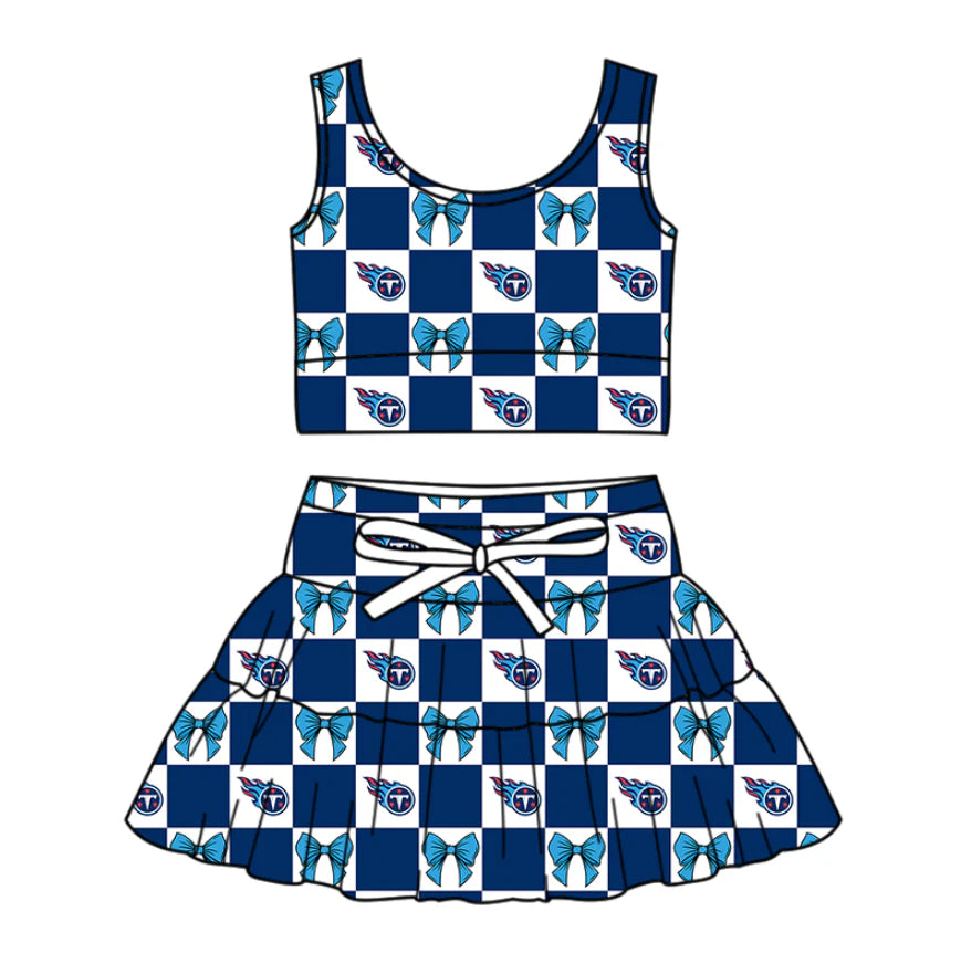 (Custom Design Preorder MOQ 5 Each Color) Team's Tennessee Titans Bows Plaid Print Girls Summer Clothes Sisters Matching Wear