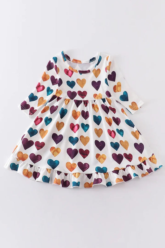 (Custom Design Preorder MOQ 5) Colorful Heart Print Girls Valentine's Knee Length Dress