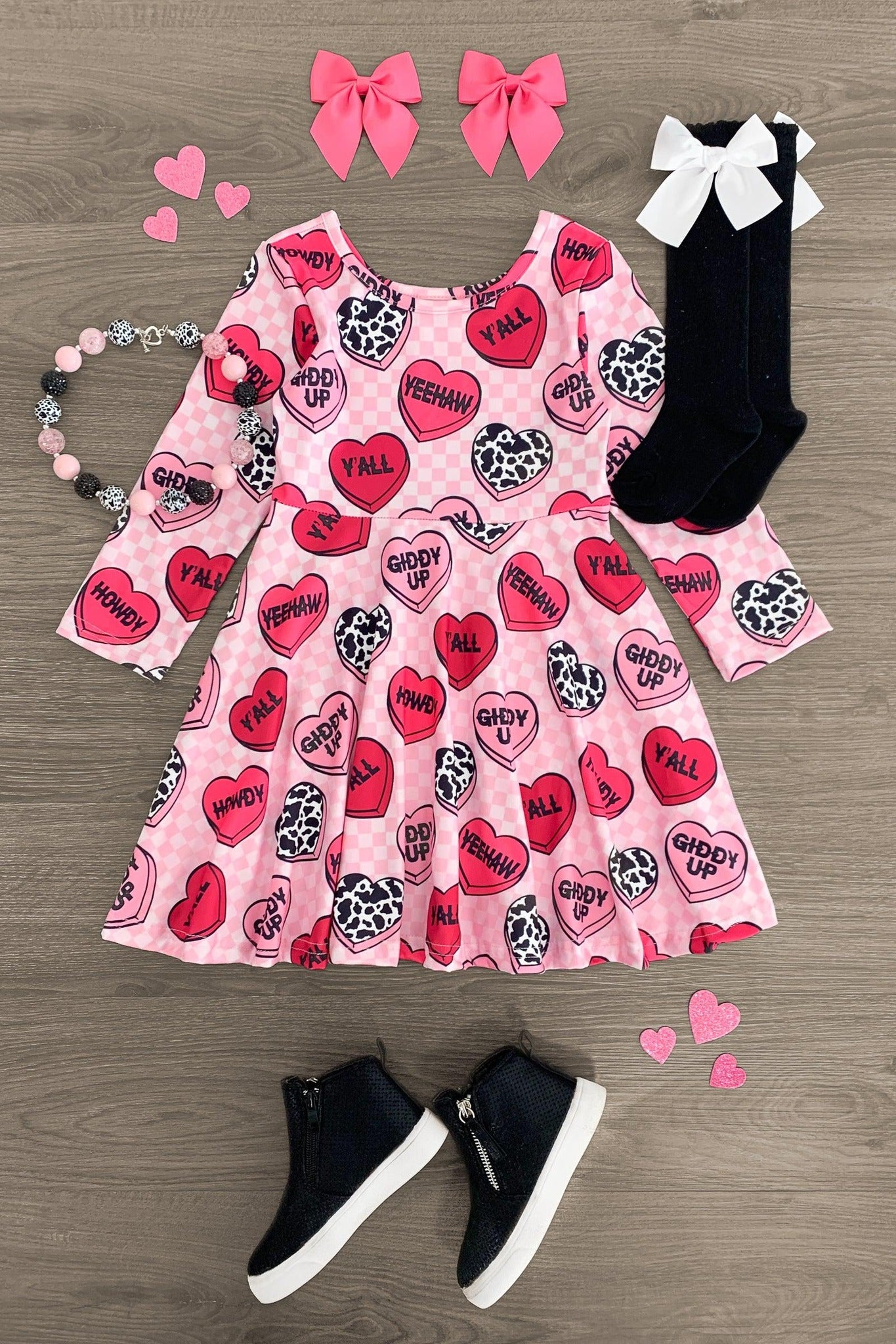 (Custom Design Preorder MOQ 5) Howdy Heart Print Girls Valentine's Knee Length Dress