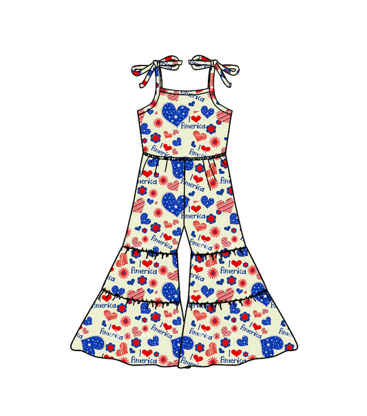 (Custom Design Preorder MOQ 5) Star Heart Print Girls 4th of July Jumpsuits