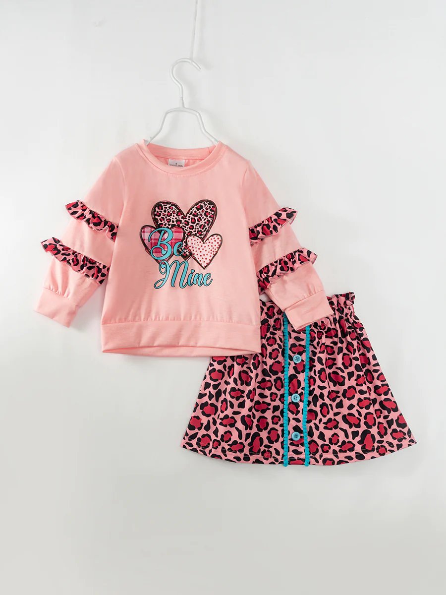 (Custom Design Preorder MOQ 5) Be Mine Heart Ruffles Top Leopard Skirts Girls Valentine's Clothes Set