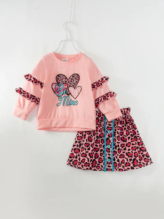 (Custom Design Preorder MOQ 5) Be Mine Heart Ruffles Top Leopard Skirts Girls Valentine's Clothes Set