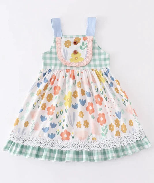 (Custom Design Preorder MOQ 5) Flowers Print Girls Summer Knee Length Dress