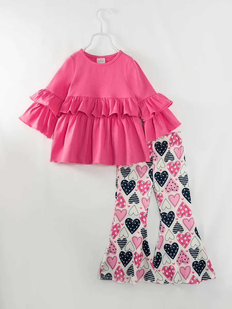 (Custom Design Preorder MOQ 5) Pink Ruffle Top Heart Pants Girls Valentine's Clothes Set