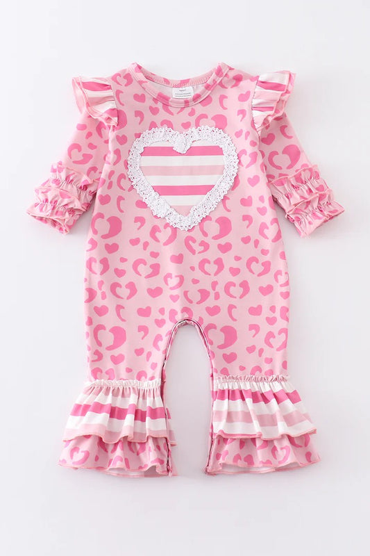 (Custom Design Preorder MOQ 5) Pink Leopard Heart Print Baby Girls Valentine's Romper