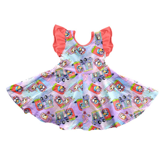 (Custom Design Preorder MOQ 5) Cartoon Dog Tie-dye Print Girls Summer Knee Length Dress