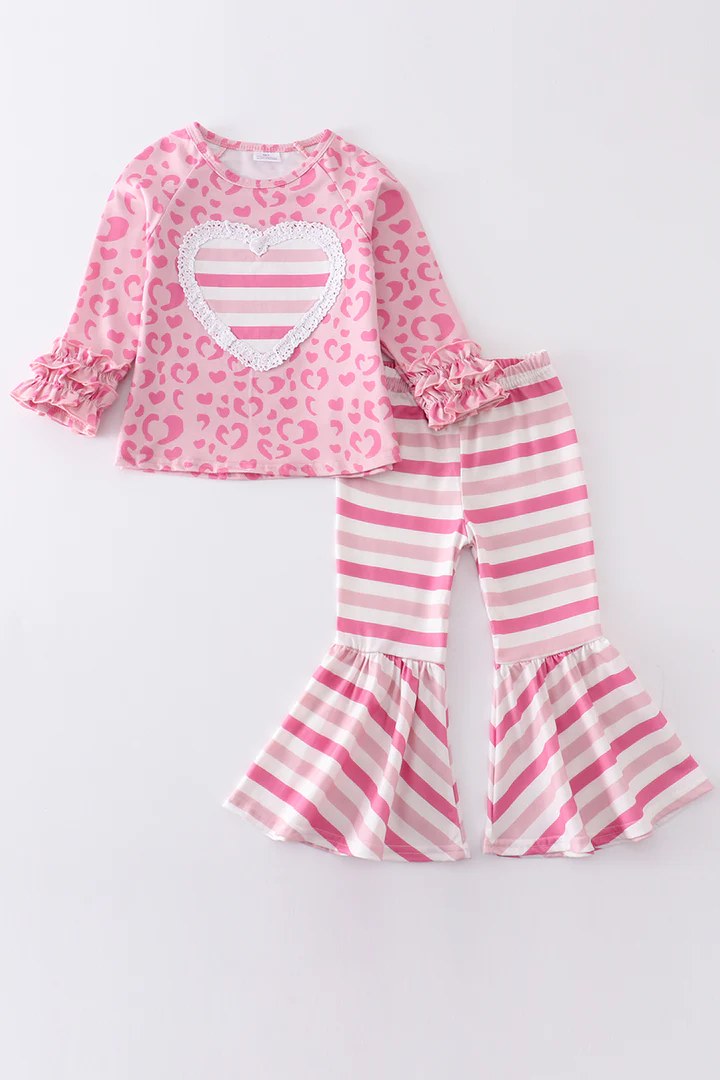 (Custom Design Preorder MOQ 5) Pink Leopard Heart Top Stripes Bell Pants Girls Valentine's Clothes Set