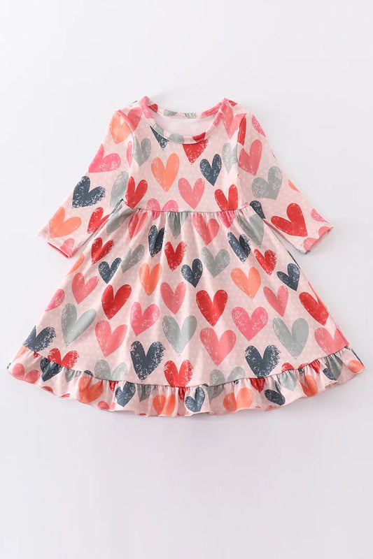 (Custom Design Preorder MOQ 5) Colorful Heart Print Girls Valentine's Knee Length Dress