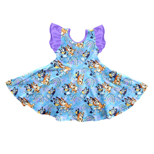 (Custom Design Preorder MOQ 5) Cartoon Dog Rainbow Print Girls Summer Knee Length Dress