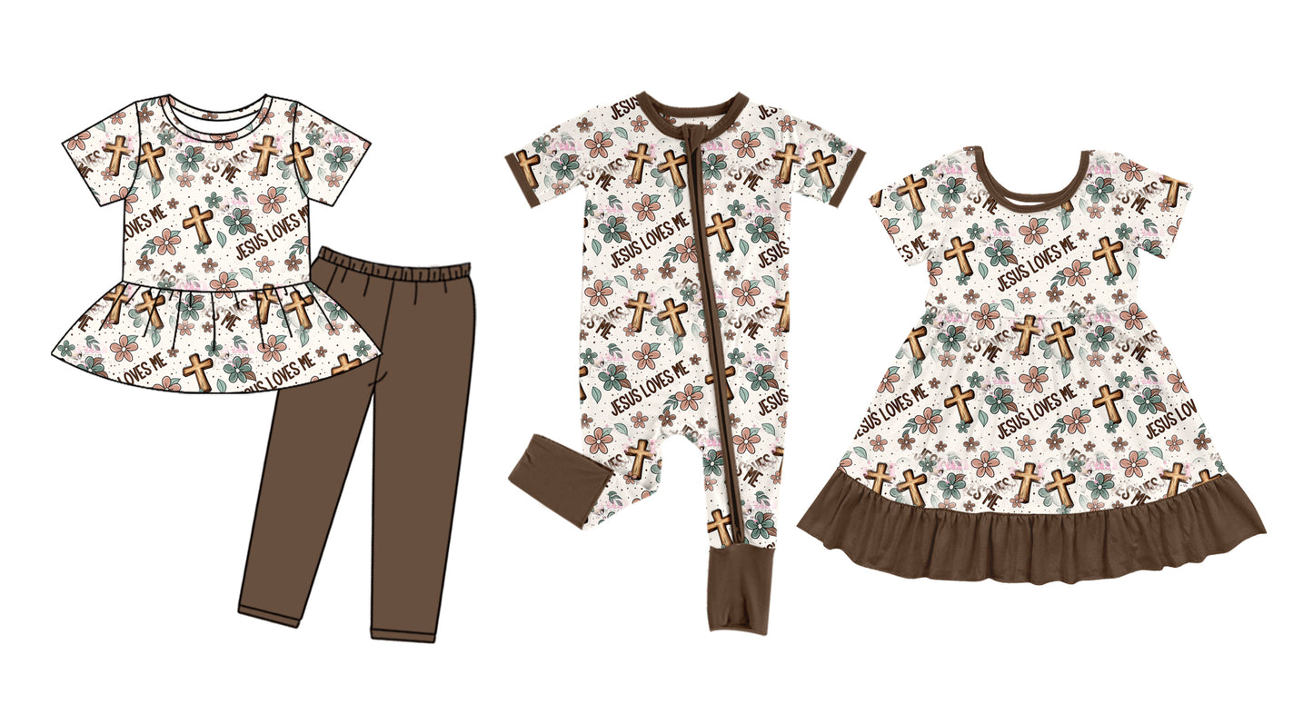 11.4(Custom Design Preorder MOQ 5 Each Design) Jesus Loves Me Cross Flowers Print Girls Easter Matching Clothes Sisters Wear