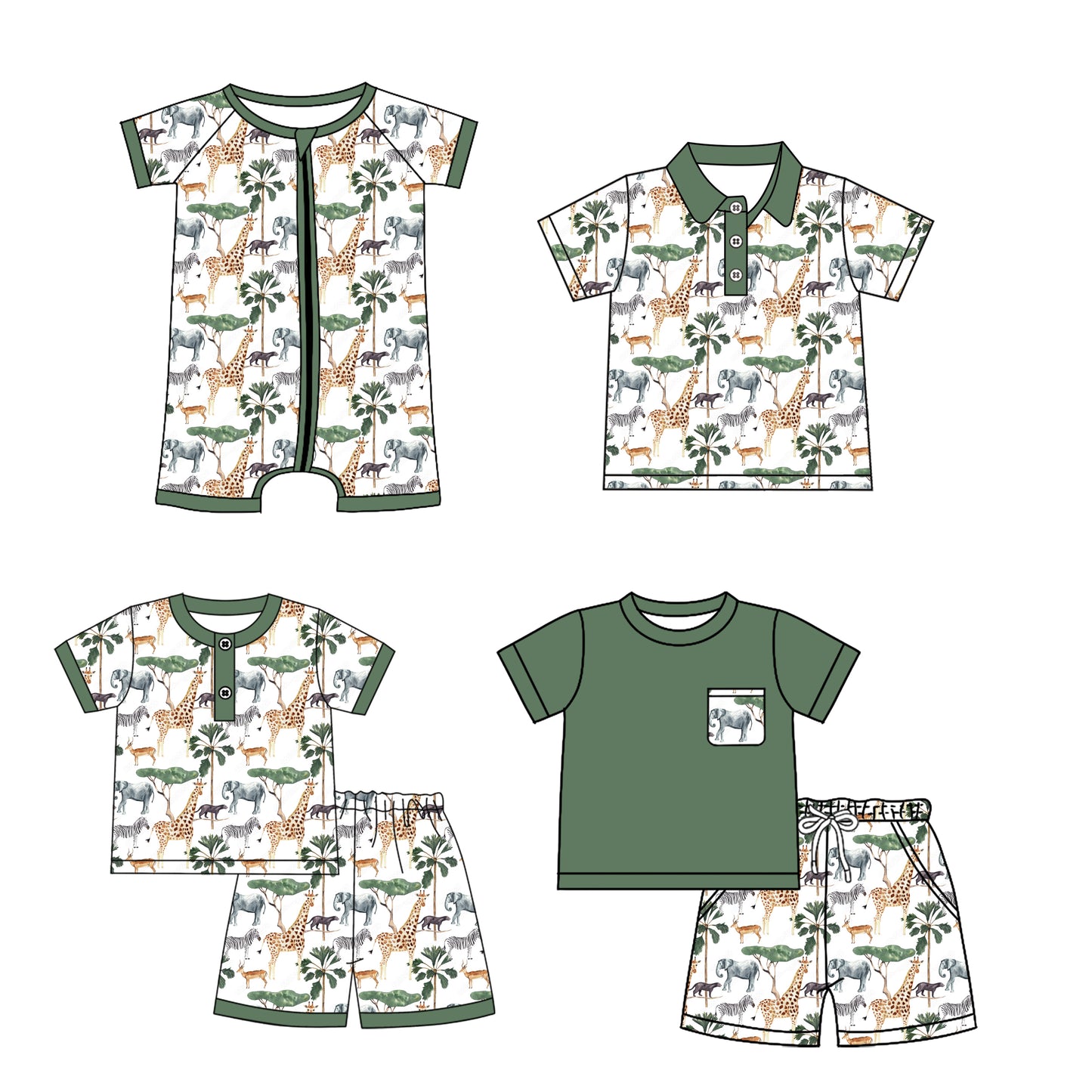 2.7(Custom Design Preorder MOQ 5 Each Design) Animale Green Print Boys Summer Matching Clothes Brothers Wear
