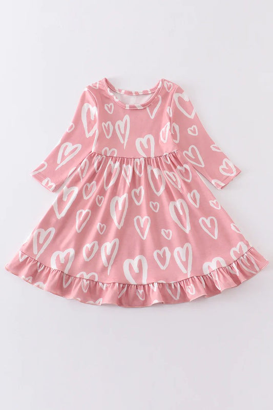 (Custom Design Preorder MOQ 5) Pink Heart Print Girls Valentine's Knee Length Dress
