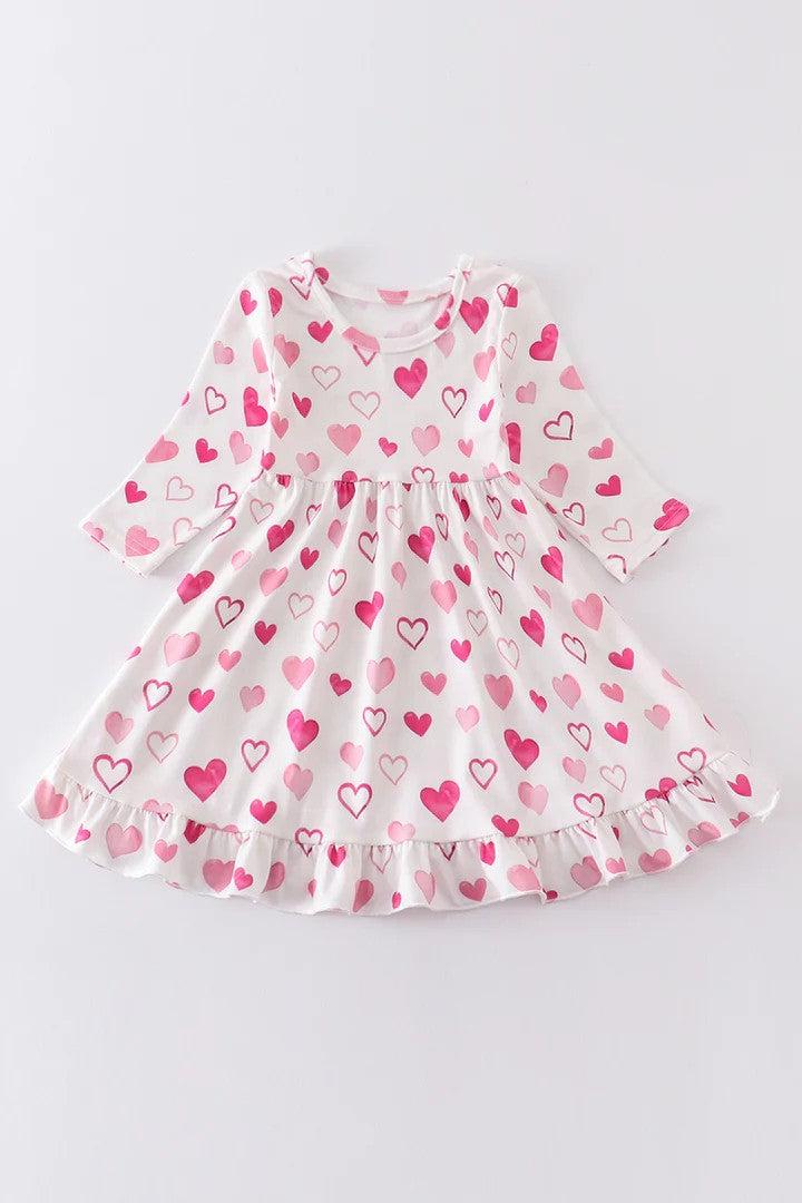 (Custom Design Preorder MOQ 5) Pink Heart Print Girls Valentine's Knee Length Dress
