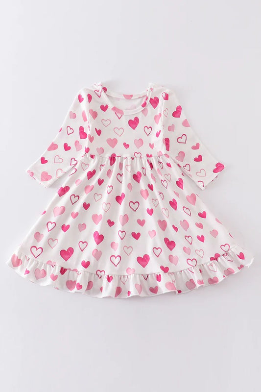 (Custom Design Preorder MOQ 5) Pink Heart Print Girls Valentine's Knee Length Dress