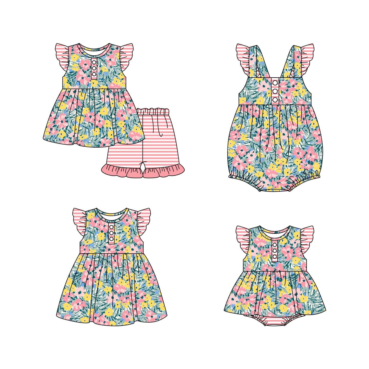 11.16(Custom Design Preorder MOQ 5 Each Design) Flowers Print Girls Summer Matching Clothes Sibling Wear