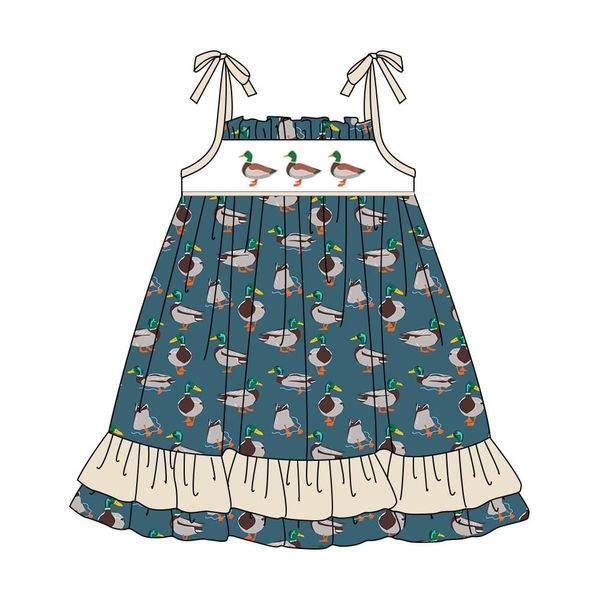 (Custom Design Preorder MOQ 5) Duck Print Girls Summer Knee Length Dress