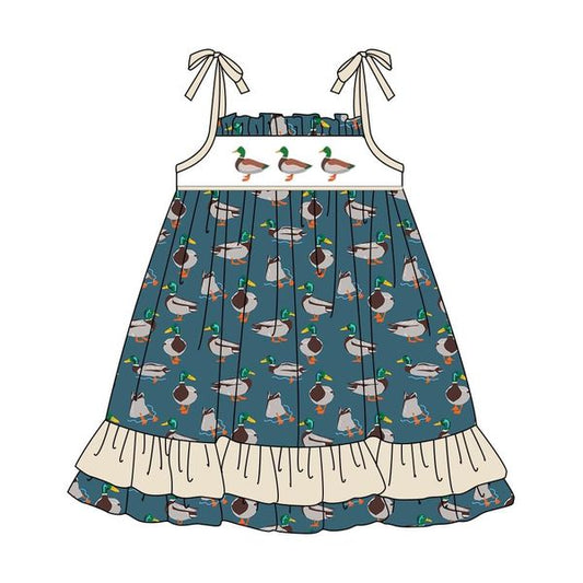 (Custom Design Preorder MOQ 5) Duck Print Girls Summer Knee Length Dress