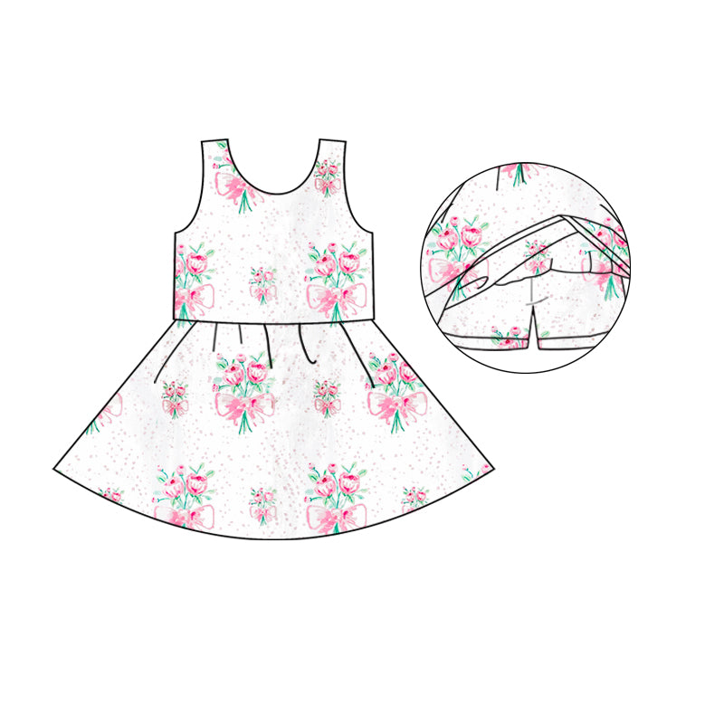 (Custom Design Preorder MOQ 5)  Flowers With Pink Bows Print Girls Knee Length Summer Dress With Shorts