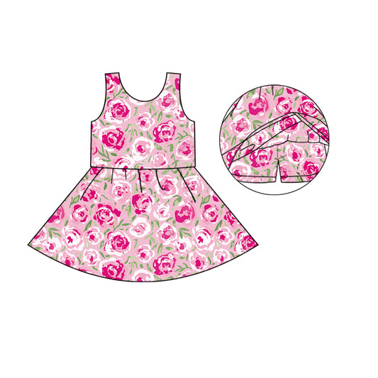 (Custom Design Preorder MOQ 5)  Pink Flowers Print Girls Knee Length Summer Dress With Shorts