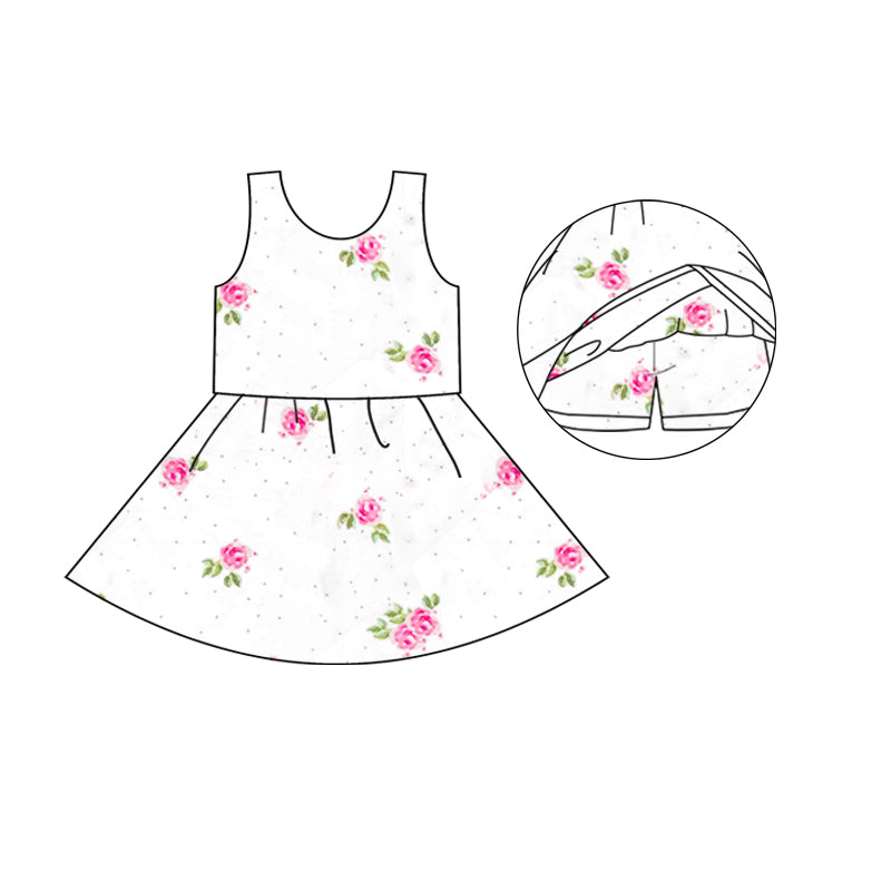 (Custom Design Preorder MOQ 5)  Flowers White Print Girls Knee Length Summer Dress With Shorts