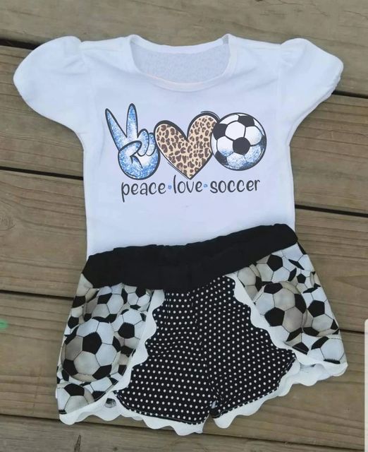 (Custom Design Preorder MOQ 5) Peace Love Soccer Print Girls Summer Clothes Set