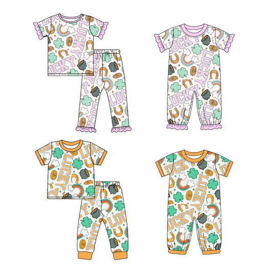 11.4(Custom Design Preorder MOQ 5 Each Design) Rainbow Leef Lucky Print Kids St. Patrick's Day Matching Clothes Set Sibling Wear