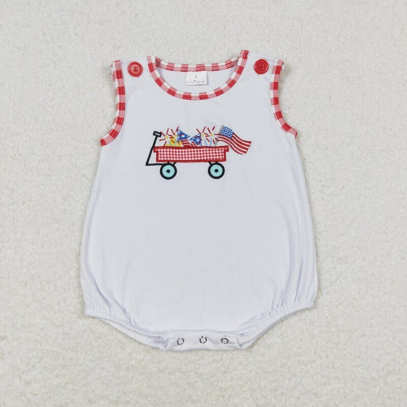 Fireworks Flag Truck Embroidery Red Plaid Print Sibling 4th of July Matching Clothes