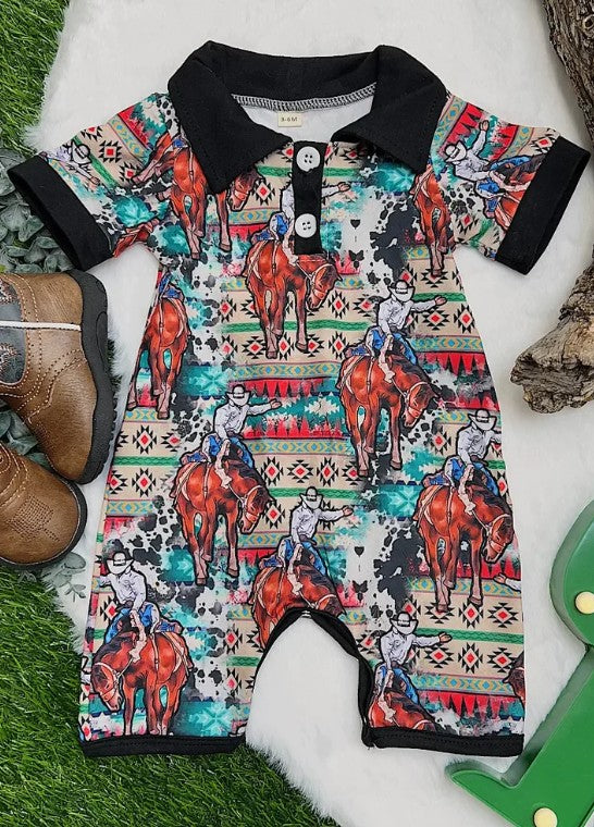(Custom Design Preorder MOQ 5) Rodeo Print Baby Boys Summer Romper