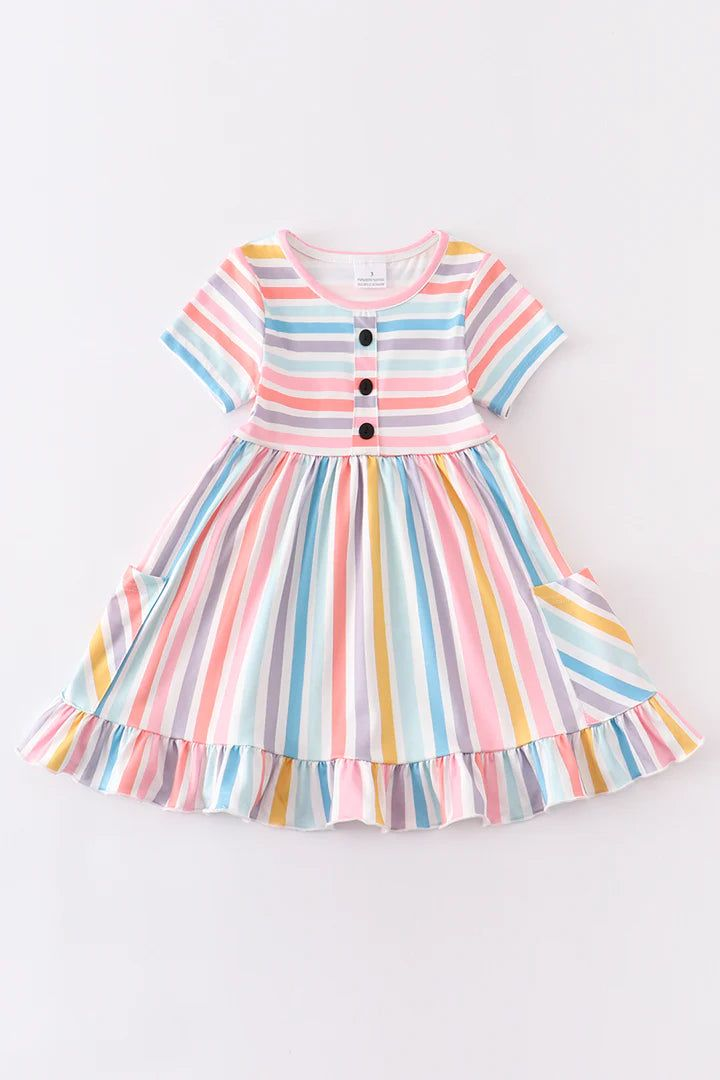 (Custom Design Preorder MOQ 5) Colorful Stripes Print Pockets Girls Knee Length Summer Dress