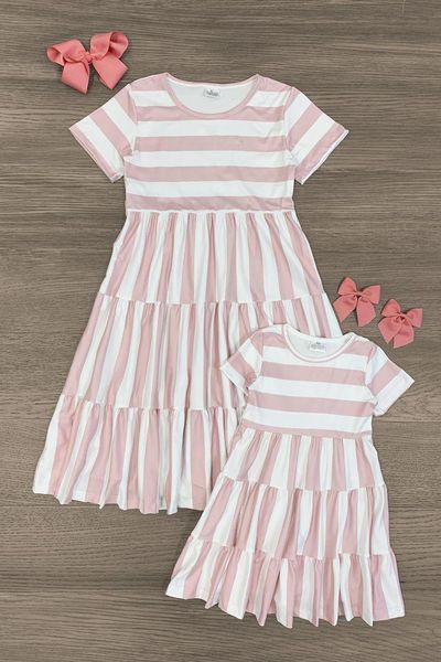 (Custom Design Preorder MOQ 5) Pink Stripes Print Girls Summer Knee Length Dress